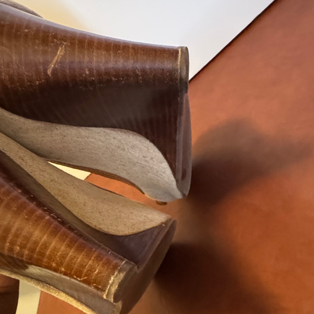 Tory Burch Brown and Cream Peep-Toe Heels - Picture 4 of 9